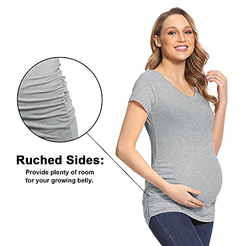 Glamix Women's Maternity Tops 3 Pack V Neck Pregnancy Shirts Short Sleeve Basic Side Ruched Mama Clothes #TOP4