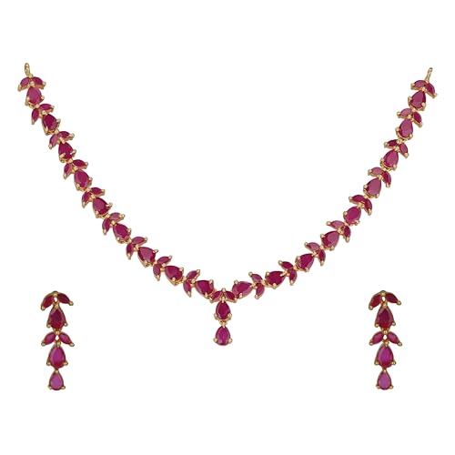 Image of Sasitrends Micro Gold Plated American Diamond Ruby stone Studded Necklace Jewellery Set