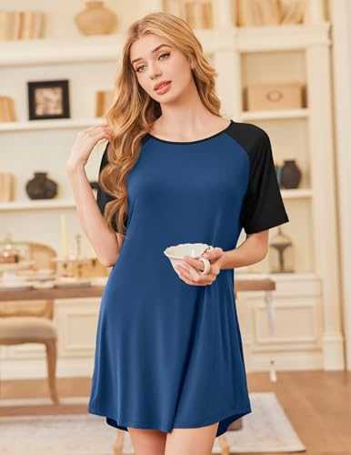 Image of Ekouaer Nightgowns for Women Bamboo Viscose Night Gown Short Sleeve Sleep Shirt Cooling Nightshirt Soft Sleepwear Blue Black Large