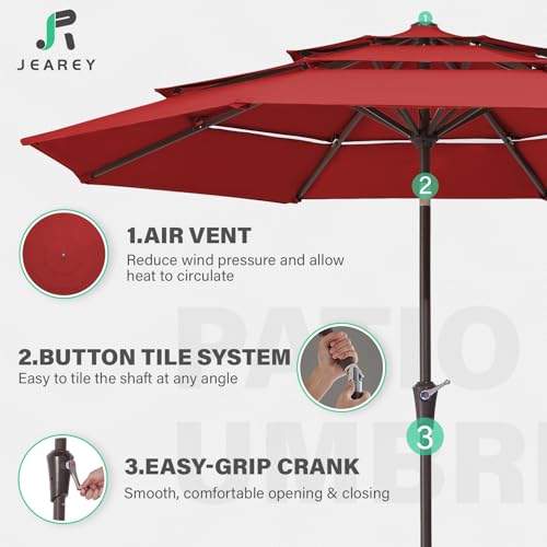 Image of JEAREY 9FT 3 Tier Patio Umbrella Outdoor Market Umbrella Table Umbrellas with 8 Ribs 1.5 Pole Push Button Tilt and Crank UV Protection for Garden,Red