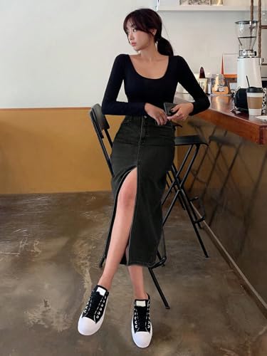 Image of KOTTY Women's High Waist Denim Maxi Skirt with Front Slit | Stylish Long Jean Skirt for Women | Trendy Straight Fit Casual Wear