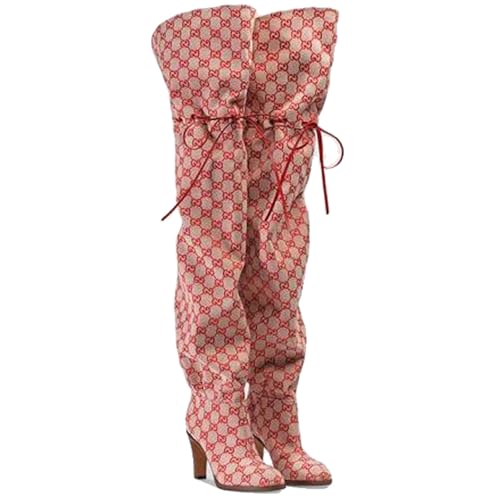 Over The Knee Boots Women,All-Match Round Head Slim High Heel Printing Fashion Long Boots Strappy Lace Up Party Casual,Pink-36