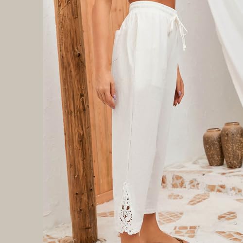 Firzero Capris Pants for Women High Waisted Cotton Linen Pants Casual Summer Lace Button Straight Leg Pants 20243
