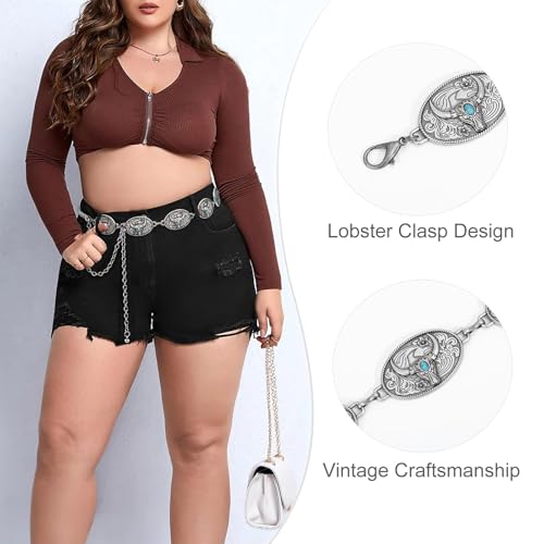 Image of WHIPPY Women Concho Chain Belt Metal Link Western Cowgirl Turquoise Chain Belt for Dress