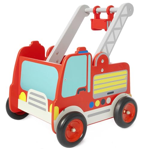 Image of labebe Wooden Baby Walker, Baby Push Walker, Learning Walker Push Toy for Toddlers 1-3 Year Old Boys and Girls, Fire Truck Walker with Wheels