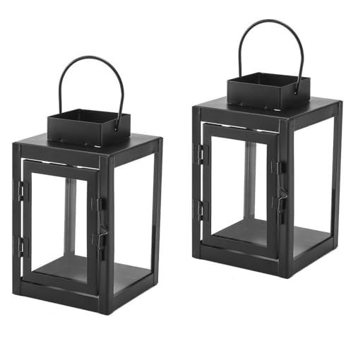 Image of Lanterns Black Decorative, Set of 2, 16.5cm Tall Rustic Iron Hanging Lantern Metal Candleholder, Real Glass for Home Decoration with 10 Tea Light Candles (2pcs Black Lantern)