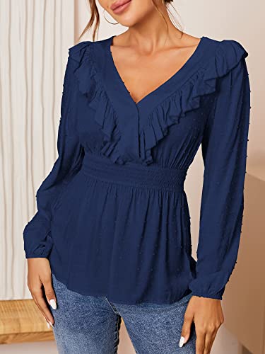 Zaful Women Long Sleeve Ruffle Blouses Deep V Neck Swiss Dot Peplum Tops Blouse(Navy Blue, M) #TOP1