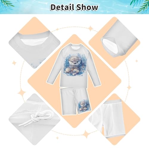 Watercolor Otter Seashells Toddler Swimsuit Boy 3T Long Sleeve Swimming Shirt Outfit Set with Swim Trunks, 2 Piece3
