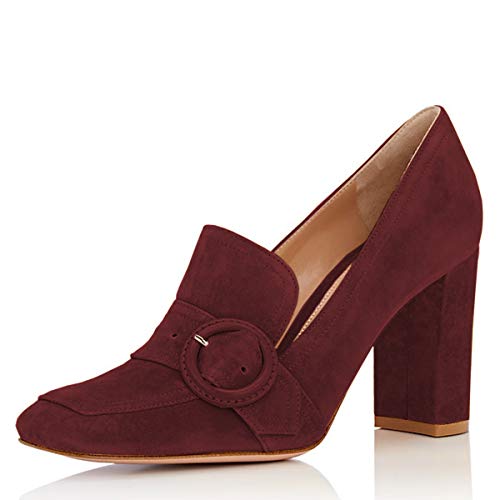 YDN Women Chunky High Heels Square Toe Loafers Shoes Slip On Suede Office Pumps Buckle Size 4-15 US
