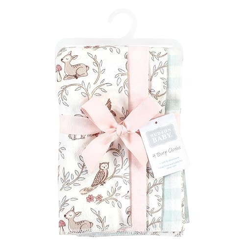 Image of Hudson Baby Unisex Baby Cotton Poly Flannel Burp Cloths, Girl Woodland Pals 4-Pack, One Size