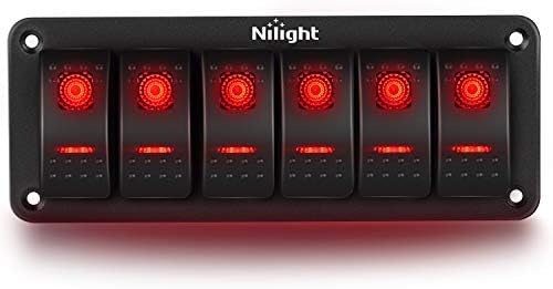 Nilight 6 Gang Rocker Switch Panel 5Pin On Off Toggle Switch Aluminum Holder 12V 24V Dash Pre-Wired Red Backlit Switches for Automotive Cars Marine Boats RVs Truck, 2 Years Warranty