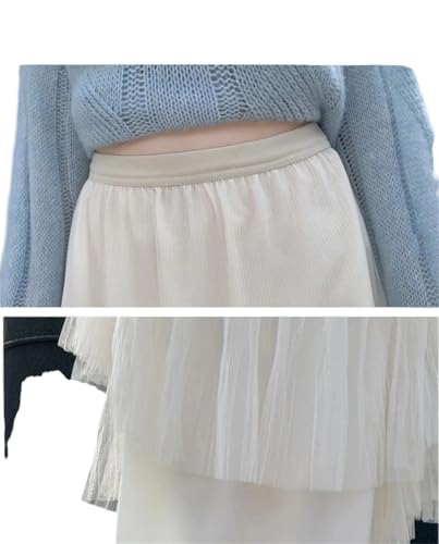 Women Mesh Solid A-Line Elastic High Waist Patchwork Pleated Long Skirt Summer Thin Flowy Maxi Skirt4