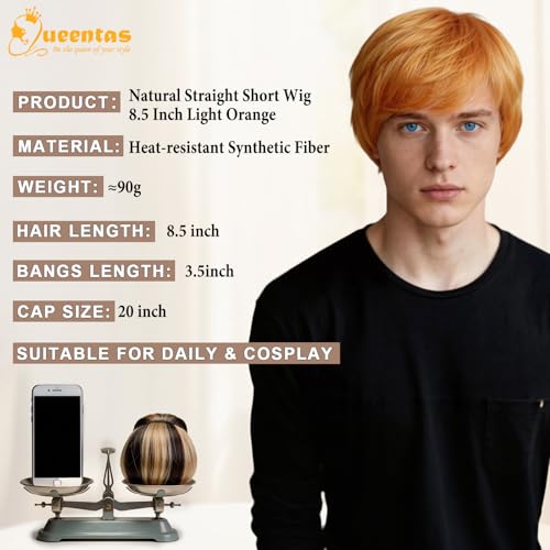 Image of QUEENTAS Men's 8 Inch Light Orange Natural Straight Wig, Heat Resistant Synthetic Glueless Wig for Halloween Cosplay Unisex Daily Wear
