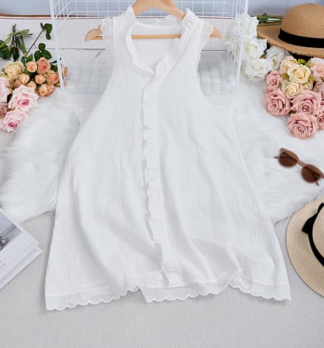 Ruffle Linen Mini Dress Women Summer Sleeveless V Neck Beach Sundress Casual Vacation Loose Short Shift Tank Dress4