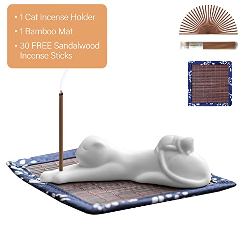 Essen Life Incense Holder Handmade Ceramic Incense Burner With 30 Sandalwood Insence-Stick Holder With Bamboo Mat, Cute Lazy Cat Decor Incense Holder For Sticks For Aromatherapy/Yoga/Meditation/Home #TOP5