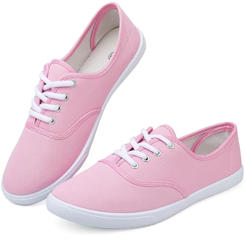 Image of Womens White Canvas Sneakers Lightweight Lace Up Fashion Comfortable Canvas Shoes Low Top Slip On Casual Tennis Walking Shoes Women Footwear