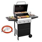 LEADZM Gasgrill 3 Brenner 10,5 kW - 50-Mbar-Druckminderungsventilgas grill mit Deckel, Vollständig ausgestattet, Gasbetriebener Grillwagen, geeignet für Camping, Gärten und Strände