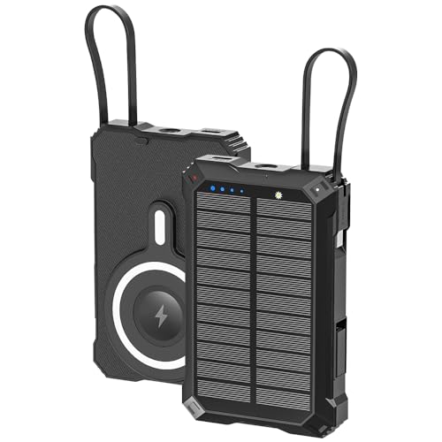明誠 ソーラーモバイルバッテリー 15000mAh 大容量 MagSafe対応 PD20W急速充電 USB-Cケーブル内蔵 i・Phone用変換コネクター Type-C入出力ポート 15Wワイヤレス出力 3台同時充電 LEDライト付き マグネット式 マグセーフ充電器 ソーラーチャージャー 防塵防水 耐衝撃 防災グッズ iPhone/Android各種デバイス対応 ブラック