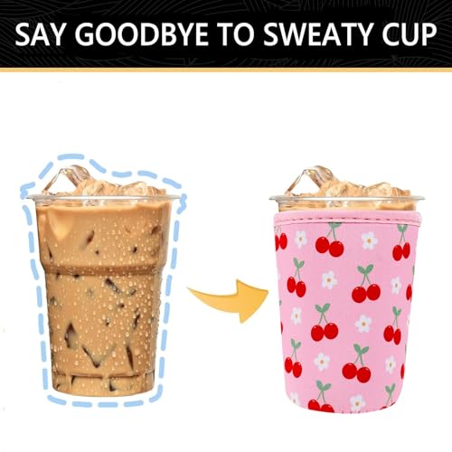 YR Reusable Neoprene Insulator Sleeve for Iced Coffee Cups, 3 Pack Coffee Coolies sleeves for Iced & Hot Drinks, Cold Beverage Cooler Compatible with Starbucks Coffee and More (Cute Cherry) by YR - Image 3