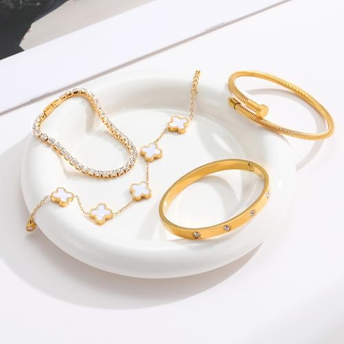 Kleeblatt Schmuck Set für Damen - 18 Karat Gold Armband&Armreif Glücksarmband Schmuck Geschenk für Damen,4PCS