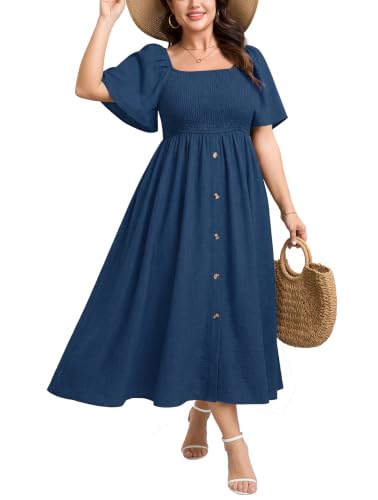 Image of Plus Size Casual Maxi Boho Dress for Curvy Women Short Sleeve Square Neck Smocked Summer Beach Dresses Button Down