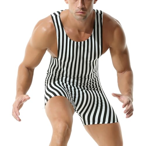 DTODWW Mens Striped Wrestling Singlet Bodysuit One Piece Swimsuit Stretchy Base Layers Pajamas Leotard Athletic Jumpsuit2