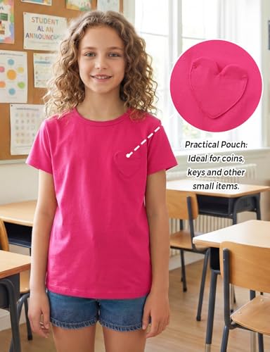 Image of Noomelfish Girls Short Sleeve Heart Pocket T-Shirts Casual Cotton Tee Tops Blouse (5-12 Years)