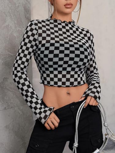 SOLY HUX Women's Plaid Sheer Mesh Tee Mock Neck Long Sleeve Lettuce Trim Crop Tops T Shirt3