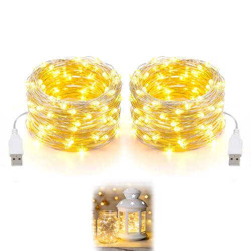 Cadena de luces LED para interiores, USB, 5 m, 50 LEDs, luz blanca cálida, alambre de cobre flexible, cadena de luces para interior con enchufe, flexible USB, para dormitorio, ventana, decoración