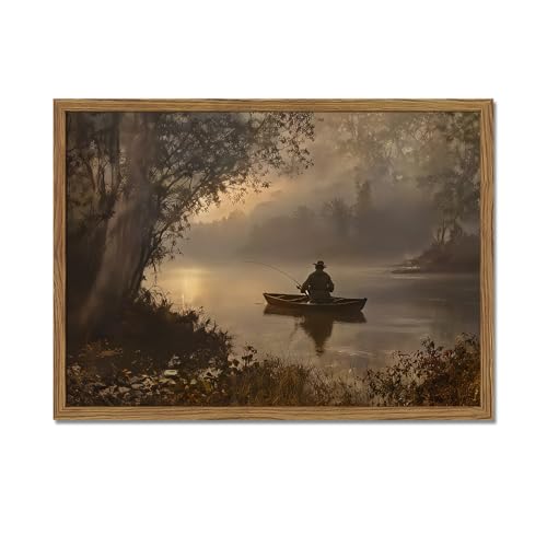Image of Vintage Fishing Wall Art Dark Cottagecore Hunting Wall Decor Moody Fishing in the Lake Forest Landscape Canvas Painting Prints for Farmhouse Living Room Bedroom 16x12 inch Wood Framed