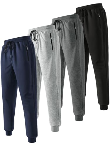 Mexholin 4 Pack Men's Sweatpants Fleece Joggers for Men Athletic Workout Pants with Zipper Pockets and Drawstring Black/Dark Gray/Gray/Dark Blue M
