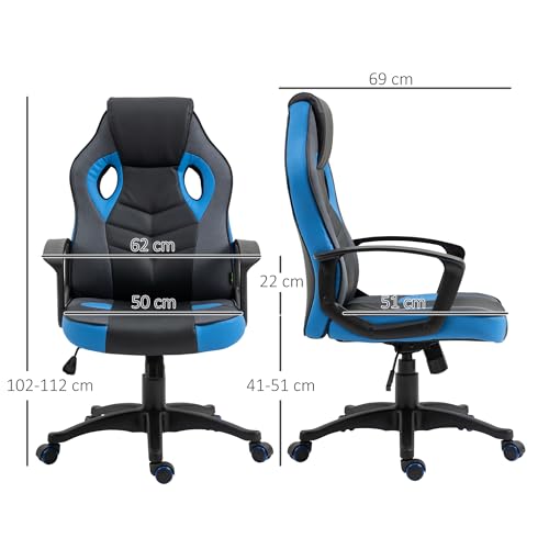 Sedia Gaming Ergonomica, Poltrona da Ufficio Girevole con Rotelle in Pelle PU Nera e Blu, Altezza Regolabile - Sedia gaming - Immagine 2