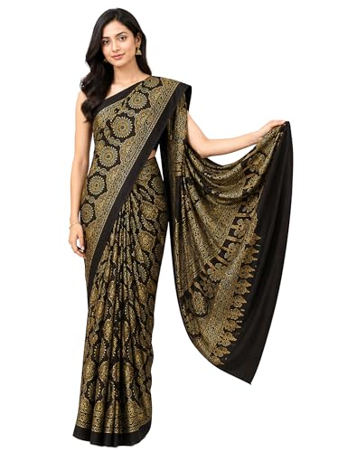 Image of Ethnics of Kutch Ajrakh Modal Silk Saree For Women | Natural Dye Hand Block Print |With Unstitched Blouse Piece | 5.5 Mtr Length (Dark Green 24601R)