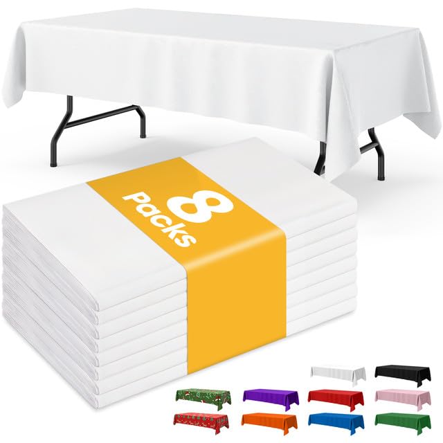 Image of Niuara White Plastic Table Cloth - 8 Pack 54 inch x 108 inch Rectangle Disposable Tablecloths for 6FT Tables, Table Cover for Party, Holiday & Gathering Use