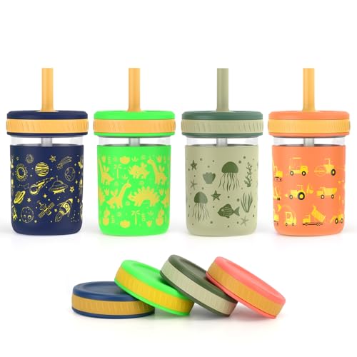 Sursip Toddler Glass Cups with Straw Spill-Proof Kids Mason Jar Food Storage with Lids Sippy Cups for Drinks Smoothies Snacks Milk Cup [4 Pack] 8 oz 2-in-1