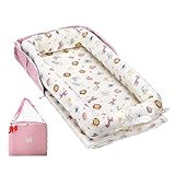 Loevin Baby Lounger for Newborn 0-24 Months, 100% Cotton Breathable Infant Lounger with Adjustable Size, Portable Baby Nest for Home & Travel Use, Newborn Essentials Gifts (Animal World Pink)