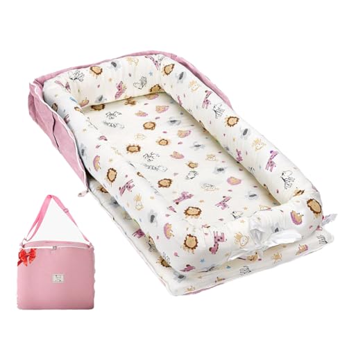 Image of Loevin Baby Lounger for Newborns & Infants 0–24 Months, 100% Cotton Breathable Infant Support Cushion with Adjustable Size, Portable Baby Nest for Home and Travel, Baby Shower Gift (Animal World Pink)