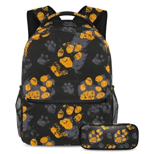 Sac à dos polyvalent 2 pièces gris et jaune à motif d'empreintes de pattes pour la rentrée Large