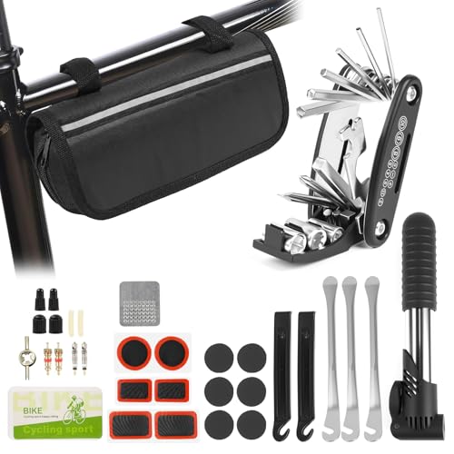 OTUAYAUTO Fahrrad Reparaturset 16-in-1-Multifunktionswerkzeug mit Wasserdichtem Deckel Mini-Pumpe 12 Reifenflicken mit Kleber Praktische Aufbewahrung Fahrrad Zubehör,für Mountainbike Rennrad Travel