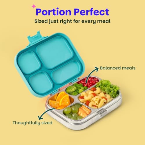 Image of Basil Bento Box Quad - 4 Compartment Stainless Steel Lunch Box with BPA-Free Plastic Lid | 800 ml Leak-Proof Tiffin Box for Kids & Adults | Premium School, Office, and Picnic Lunch Box - Teal Garden