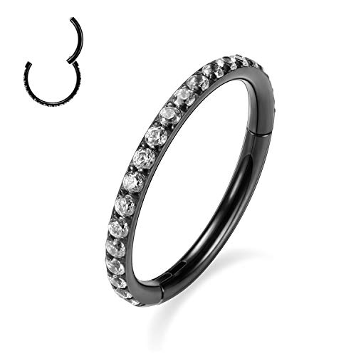 Septum Ring Conch Piercing Jewelry with Clear CZ 8mm Daith Earrings 18g Clicker Hoop 316L Surgical Steel Black Nose Ring Helix Rook Lobe