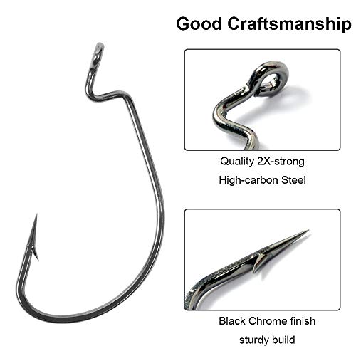 Ucec Fishing Hooks, 100Pcs/Box Offset Wide Gap 2X Strong Worm Hooks Senko Bait Jig Fish Hooks For Bass Trout Saltwater Freshwater Size:#1 1/0 2/0 3/0 4/0 5/0 #TOP3