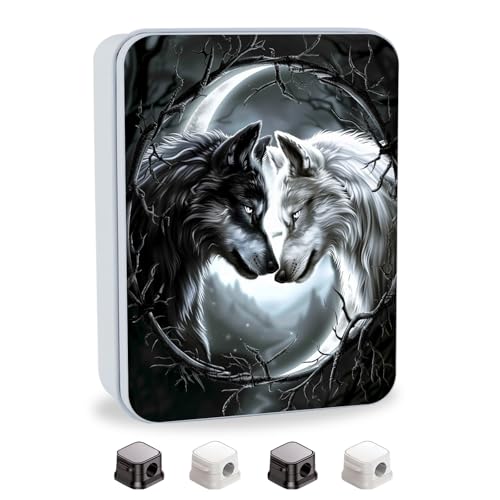 Image of Metal Tin Box with Lid,Multi-functional Storage Box Can Store Tea Biscuits Game Cards, Playing & Tarot Cards-Comes with 4 Magnetic Cord Clips,Black and White Twin Wolves