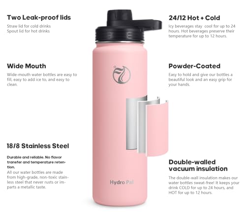 Image of HydroPal Vacuum Insulated Stainless Steel Water Bottle, 1200ml /1000ml /750ml- 2 Lids (Straw Lid and Spout Lid), 2 Straws Water Bottle for 12 Hours Hot & 24 Hours Cold Drinks, Great for Work, Travel