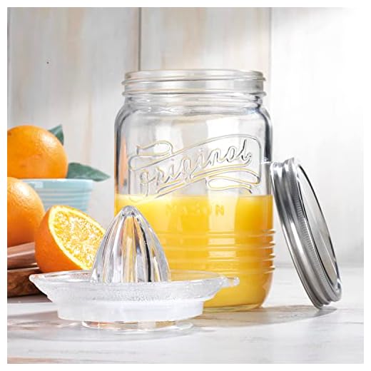 Mason Jar Glass Citrus Juicer with Stainless Steel Seal Lid 3-Piece Glavers Original Mason Glass 33.8 Oz. Canning Jar with Reamer and Lid - Lemon Juicer with Manual Squeezer, For Orange Juice, and Lemonade.