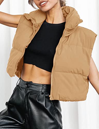 Merokeety Women's Crop Puffer Vest Lightweight Stand Collar Sleeveless Zip Up Padded Gilet Coat,Khaki,S #TOP1