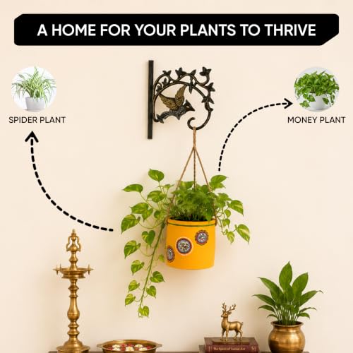 Image of AAKRITI ART CREATIONS Terracotta Hanging Planter with Metal Stand | Yellow Warli Art, Matte Finish | Decorative Hanging Pot for Indoor & Outdoor Home Decor