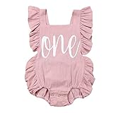 Newborn Baby Girl First Birthday Outfit Ruffle One Print Backless Jumpsuit Bodysuit (Pink,12-18 Months)