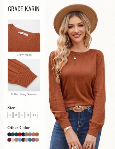 Image of GRACE KARIN Fall Sweaters for Women 2026 Puff Long Sleeve Crewneck Dressy Casual Tops Crochet Hollow Out Cute Pullover Blouse