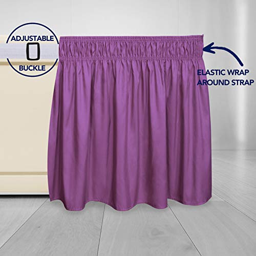 PureFit Wrap Around Ruffled Bed Skirt with Adjustable Elastic Belt - 14 Inch Drop Easy to Put On, Wrinkle Free Bedskirt Dust Ruffles, Bed Frame Cover for Queen, King and C-King Size Beds, Purple